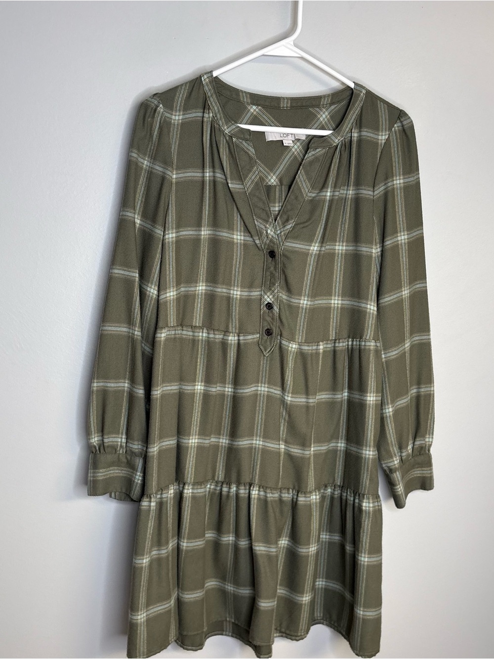 LOFT Olive Plaid Long-Sleeve Tiered Dress